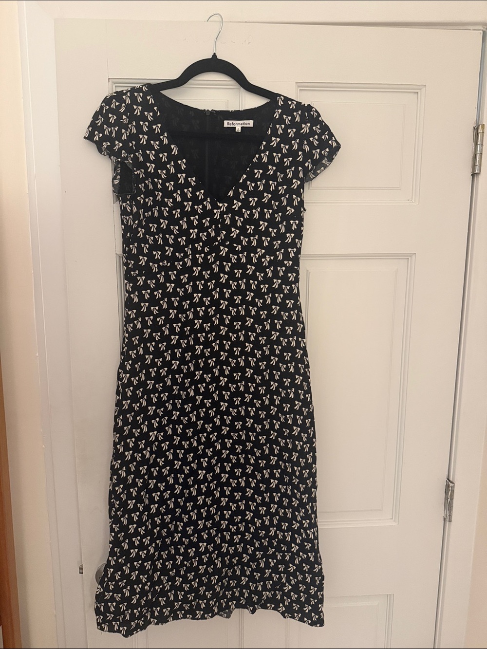 Reformation Black Cream Bow-Print Midi Dress